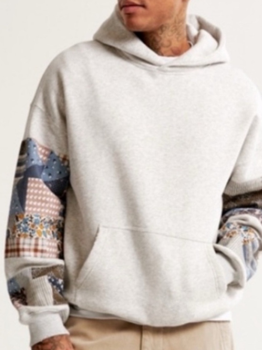 Abercrombie & Fitch Gray Hoodie Patchwork Sleeves Sweatshirt Distressed Size M